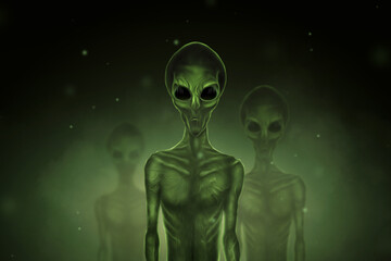 Aliens are green with black large glass eyes on a dark background. UFO concept, aliens, contact with extraterrestrial civilization. 3D illustration, 3D render.