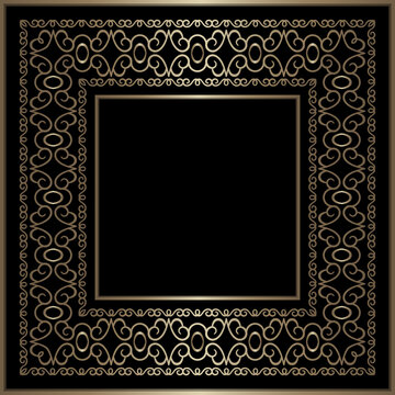 Vintage gold square frame with lace border pattern on black background, elegant golden decoration for certificate decor or wine label design. Place for text. 