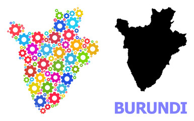 Fototapeta premium Vector mosaic map of Burundi designed for engineering. Mosaic map of Burundi is designed from random multi-colored wheels. Engineering components in bright colors.