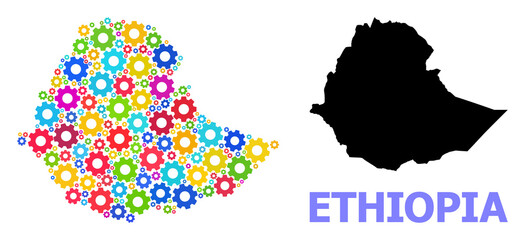 Obraz premium Vector composition map of Ethiopia organized for engineering. Mosaic map of Ethiopia is organized of random colored cogs. Engineering items in bright colors.