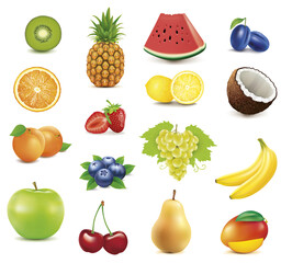 Group of many fresh fruit - apple, lemon, apricot, strawberry, blueberry, grape, orange, cherry, pear, coconut, banana, plum, kiwi	