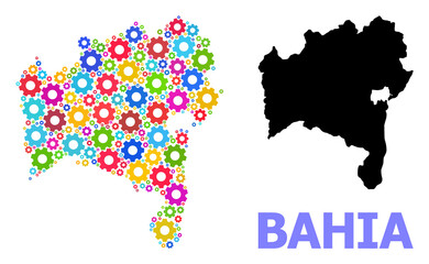 Vector collage map of Bahia State designed for engineering. Mosaic map of Bahia State is shaped with random bright cogs. Engineering items in bright colors.