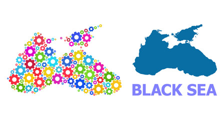 Vector mosaic map of Black Sea designed for industrial apps. Mosaic map of Black Sea is created with random multi-colored cogs. Engineering items in bright colors.