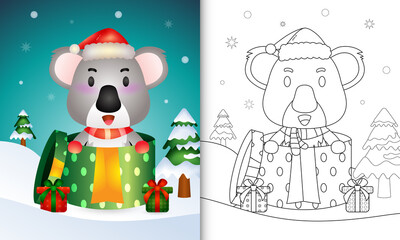 coloring book with a cute koala christmas characters using santa hat and scarf in the gift box
