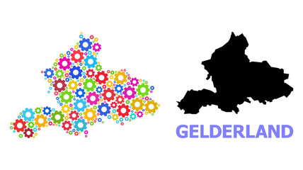 Obraz premium Vector mosaic map of Gelderland Province combined for industrial apps. Mosaic map of Gelderland Province is made from scattered bright gears. Engineering components in bright colors.