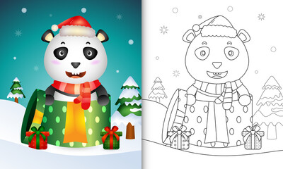 coloring book with a cute panda christmas characters using santa hat and scarf in the gift box