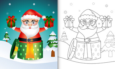 coloring book with a cute santa christmas characters in the gift box