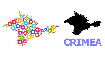Obraz premium Vector mosaic map of Crimea constructed for services. Mosaic map of Crimea is constructed with scattered bright gears. Engineering components in bright colors.