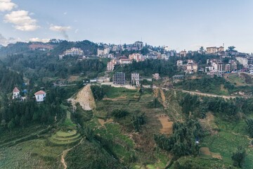 Fototapeta premium Rice Fields, rice terrace Paddy in Sa Pa Lao Cai Vietnam Asia Aerial Drone Photo