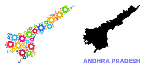 Vector composition map of Andhra Pradesh State created for engineering. Mosaic map of Andhra Pradesh State is designed with random bright gears. Engineering components in bright colors.