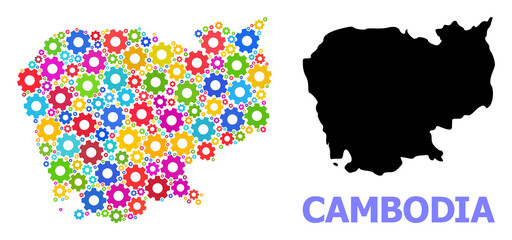 Obraz premium Vector mosaic map of Cambodia combined for engineering. Mosaic map of Cambodia is created from random colorful wheels. Engineering items in bright colors.