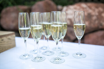 champagne flute or glass on table for reception or event