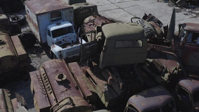 Video from the drone. Equipment cemetery in the village of Buryakovka. Radioactive transport that participated in the liquidation of the Chernobyl accident. Remains of burial equipment.  