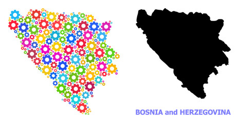 Obraz premium Vector collage map of Bosnia and Herzegovina organized for engineering. Mosaic map of Bosnia and Herzegovina is organized from scattered colored gears. Engineering items in bright colors.