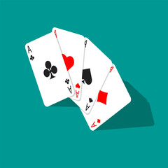 Four aces poker cards isolated on green background. Isometric playing card. Vector illustration.	