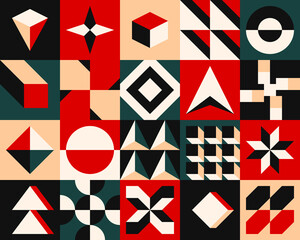 An unusual popular geometric pattern in modern bauhaus. Creative abstract background for business and design ideas. Free vector. Geometry circle square cross line zig zag triangle. Art graphic mural. - 386177774