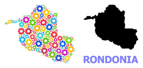Vector mosaic map of Rondonia State created for workshops. Mosaic map of Rondonia State is created with randomized bright gears. Engineering items in bright colors.