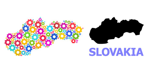 Vector composition map of Slovakia created for workshops. Mosaic map of Slovakia is formed with random bright wheels. Engineering items in bright colors.