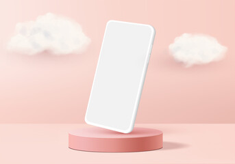 showcase display minimal scene with geometric smartphone. Background vector 3d rendering with podium showcase. stand to show mobile device mockup. Stage showcase display on pedestal 3d studio pink © M.AKA