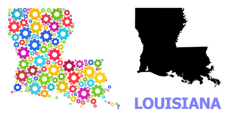 Obraz premium Vector mosaic map of Louisiana State designed for mechanics. Mosaic map of Louisiana State is done with random multi-colored wheels. Engineering components in bright colors.