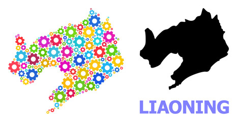 Vector mosaic map of Liaoning Province designed for engineering. Mosaic map of Liaoning Province is designed of scattered colorful gears. Engineering items in bright colors.