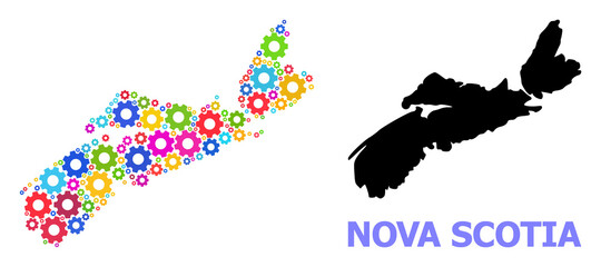 Vector mosaic map of Nova Scotia Province created for workshops. Mosaic map of Nova Scotia Province is created with randomized bright gears. Engineering items in bright colors.