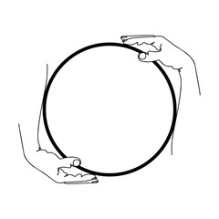 Hands hold a round frame. Abstract minimalistic sketch in black continuous lines. Great for postcard, textiles, logo, icon, avatar. - 386178324