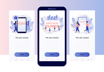 Sorry we are closed - big sign. Bankrupt business. Closed establishments, cafe, shop, store, salon through crisis, quarantine. Screen template for mobile smart phone. Modern flat cartoon style. Vector