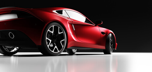 Rear view of red fast sports car in studio light.