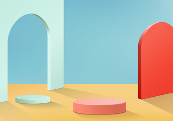 Cylinder abstract minimal scene with geometric platform. Summer background vector 3d rendering with podium. stand to show cosmetic products. Stage Showcase on pedestal modern 3d studio blue pastel