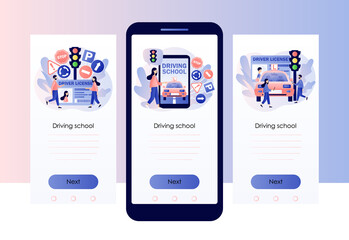 Driver license. Tiny people studying in driving school and passing exams. Traffic rules. Road signs. Education and drive lesson. Modern flat cartoon style. Vector illustration on white background