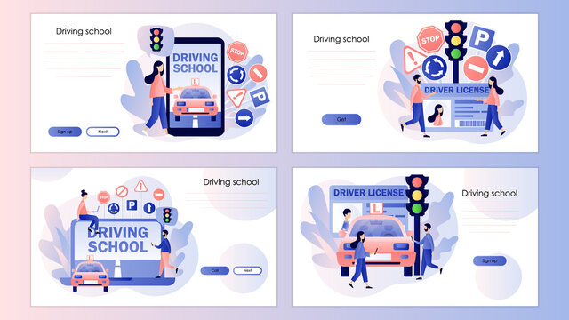 Driver license. Tiny people studying in driving school. Traffic rules. Road signs. Screen template for mobile smart phone, landing page, template, ui, web, mobile app, poster, banner, flyer. Vector 