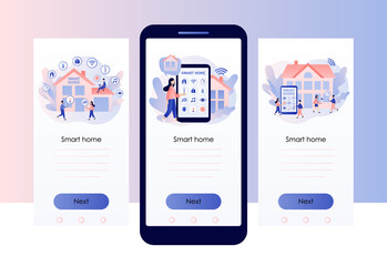 Smart home. Automation, smart systems and technology with wireless centralized control. Screen template for mobile smart phone. Modern flat cartoon style. Vector illustration on white background