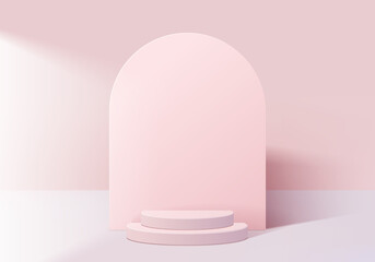 Cylinder abstract minimal scene with geometric platform. Summer background vector 3d rendering with podium. stand to show cosmetic products. Stage Showcase on pedestal modern 3d studio pink pastel