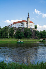 View on the Tetschen Castle and Elbe river (Labe). Decin. Czech Republic.