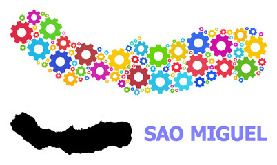 Vector mosaic map of Sao Miguel Island designed for industrial apps. Mosaic map of Sao Miguel Island is formed with scattered bright gear wheels. Engineering components in bright colors.