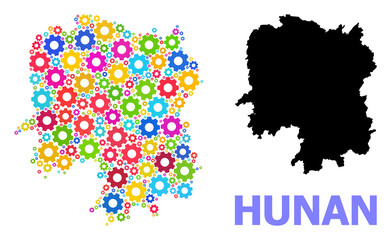 Obraz premium Vector mosaic map of Hunan Province constructed for workshops. Mosaic map of Hunan Province is done of random bright cogs. Engineering components in bright colors.