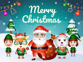 Merry christmas greeting card with santa and friends character