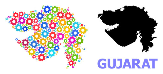 Vector collage map of Gujarat State designed for engineering. Mosaic map of Gujarat State is designed with scattered colorful wheels. Engineering components in bright colors.