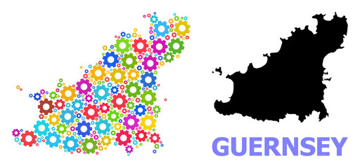 Obraz premium Vector mosaic map of Guernsey Island created for engineering. Mosaic map of Guernsey Island is composed with scattered multi-colored cogs. Engineering components in bright colors.