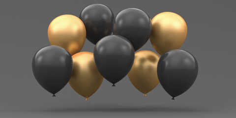 Black Friday. Many balloons black and gold on a gray background. 3d render illustration for advertising.