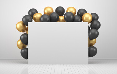 Black and gold balloons in a white interior around a white board. 3d render illustration. Black Friday.