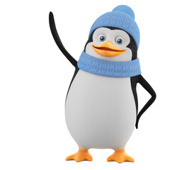 Cartoon character penguin in winter clothes joyfully greets on an isolated white background. 3d render illustration.