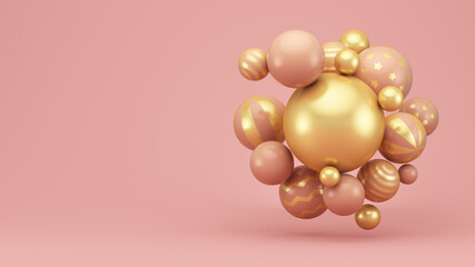 Abstraction. Pink shiny spheres with gold decor on a pink background. 3d dender illustration.