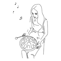 Уoung girl plays a musical instrument - Glucophone. Female silhouette with metal drum. Notes. Abstract minimalistic sketch in black continuous lines	 - 386180152