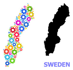Obraz premium Vector mosaic map of Sweden constructed for engineering. Mosaic map of Sweden is done from random multi-colored gear wheels. Engineering components in bright colors.