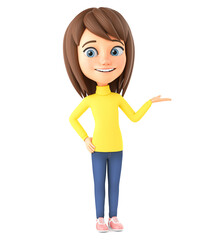 Cartoon character girl in winter clothes points with hand to empty space on isolated white background. 3d render illustration.