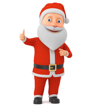 Cartoon character Santa Claus points thumb up on isolated white background. 3d render illustration.
