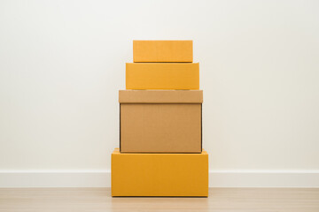 Stacking of box parcel cardboard mock up on blank space white background.