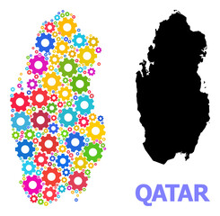Fototapeta na wymiar Vector mosaic map of Qatar designed for mechanics. Mosaic map of Qatar is designed of random colored cogs. Engineering components in bright colors.